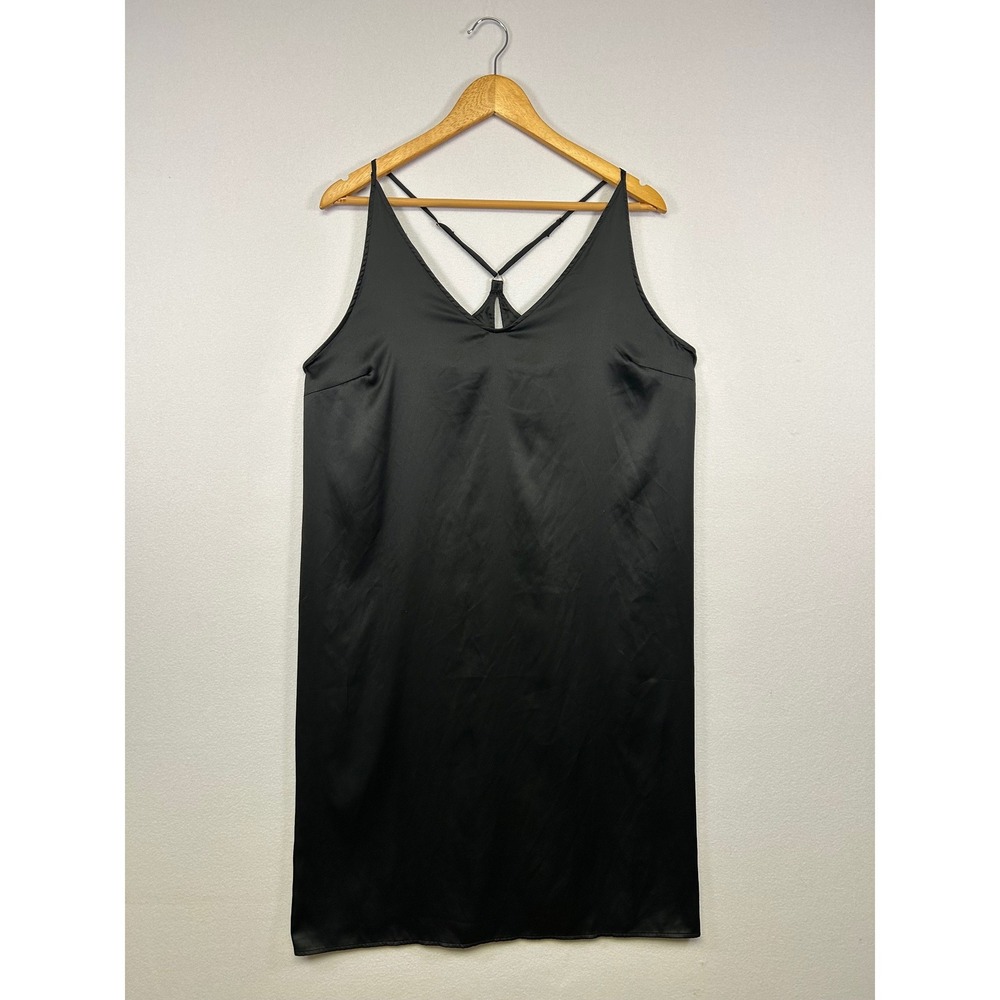 Minimalist Stars Above Womens XL Black Satin V-Neck Adjustable Strap Slip Dress